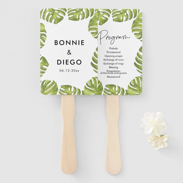Éventail Programme de mariage feuille de palme verte tropic (Devant et derrière)