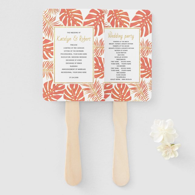 Éventail Programme de mariage feuille pour corail tropical  (Devant et derrière)