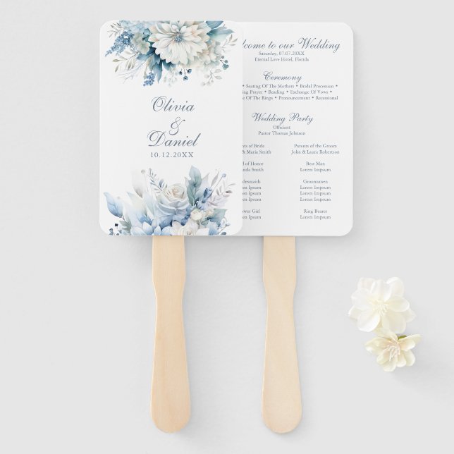 Éventail Programme de mariage Fleur sauvage Dusty Blue mode (Devant et derrière)