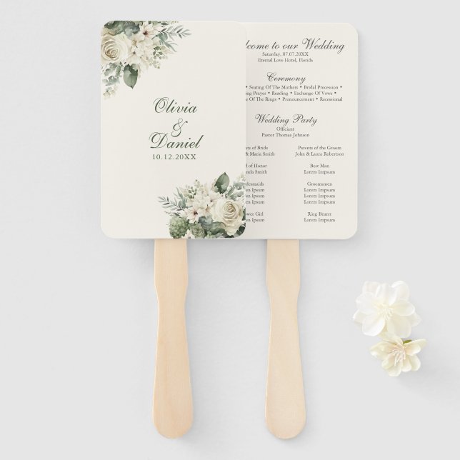 Éventail Programme de mariage Fleurs de Vert Sauge Bohème e (Devant et derrière)