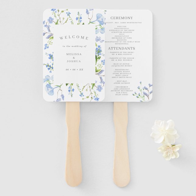 Éventail Programme de mariage floral à l'aquarelle bleue dé (Devant et derrière)