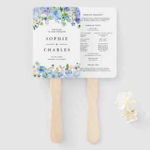 Éventail Programme de mariage floral à l'aquarelle bleue Ho