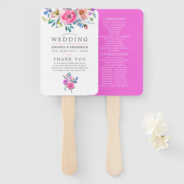 Éventail Programme de mariage floral à l'aquarelle rose cha (Devant et derrière)