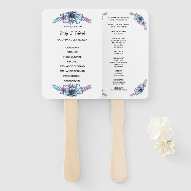 Éventail Programme de mariage floral bleu et violet (Devant et derrière)
