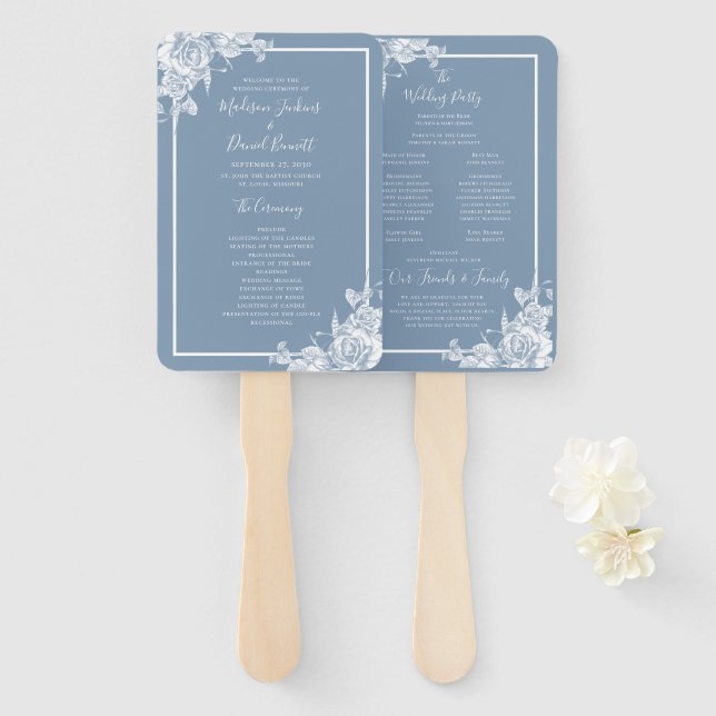 Éventail Programme de mariage floral bleu poussiéreux (Devant et derrière)