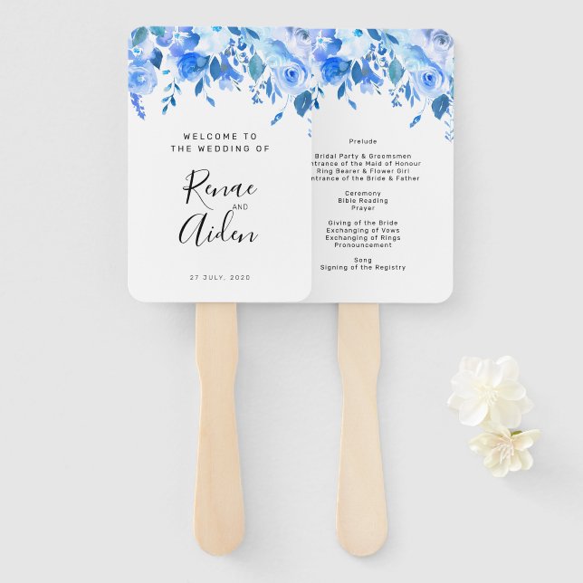 Éventail Programme de mariage floral bleu ventilateur à mai (Devant et derrière)