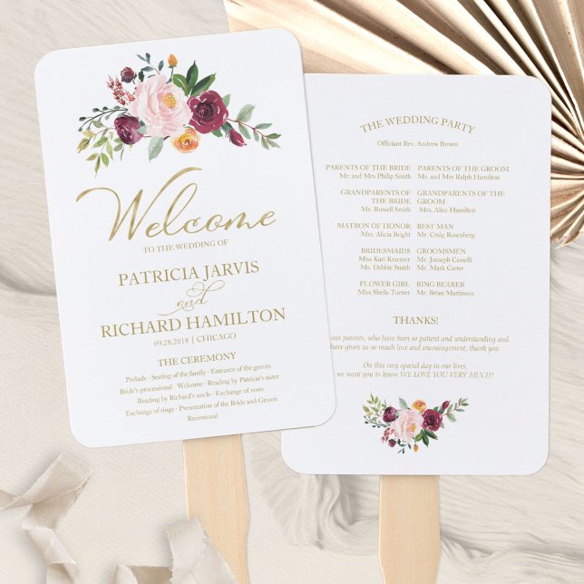 Éventail Programme de mariage floral bordeaux Blush or (Créateur téléchargé)