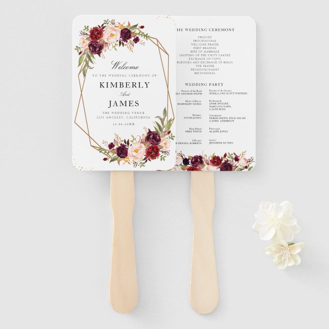 Éventail Programme de mariage floral bordeaux et roux (Devant et derrière)