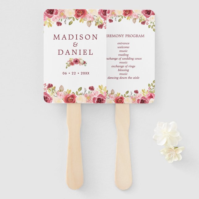 Éventail Programme de mariage floral de Bourgogne (Devant et derrière)