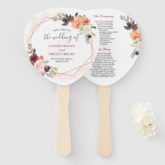 Éventail Programme de mariage floral de fleurs de cadre dor (Devant et derrière)