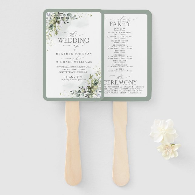 Éventail Programme de mariage floral de verdure botanique (Devant et derrière)