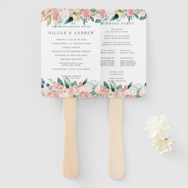 Éventail Programme de mariage floral d'été rougissant à la  (Devant et derrière)