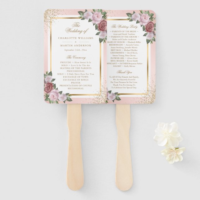 Éventail Programme de mariage floral en or rose (Devant et derrière)
