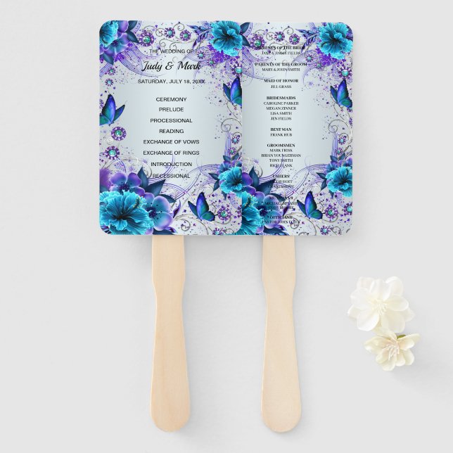 Éventail Programme De Mariage Floral Et Papillon Bleu (Devant et derrière)