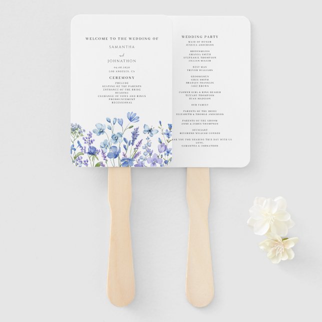 Éventail Programme de mariage floral Fleur sauvage bleu Ven (Devant et derrière)