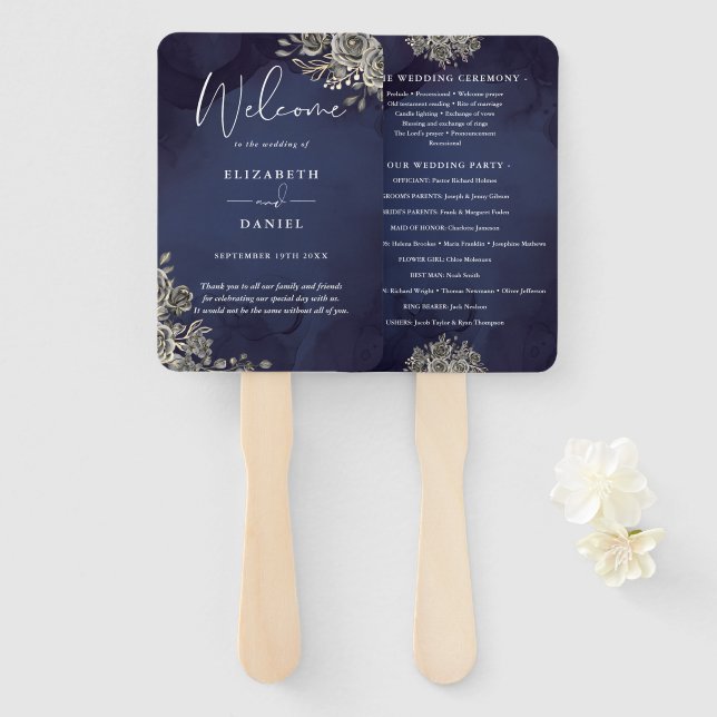 Éventail Programme de mariage floral gothique bleu de minui (Devant et derrière)