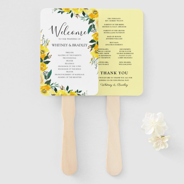 Éventail Programme de mariage floral jaune d'été (Devant et derrière)
