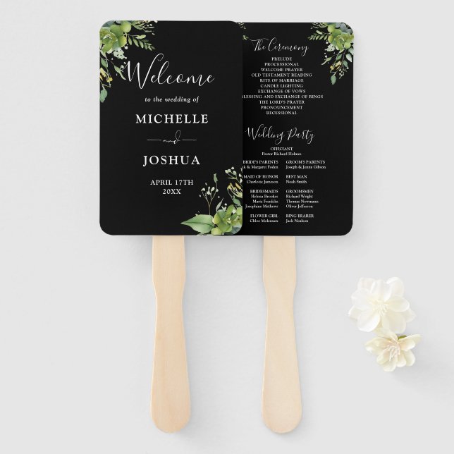 Éventail Programme de mariage floral noir et blanc (Devant et derrière)