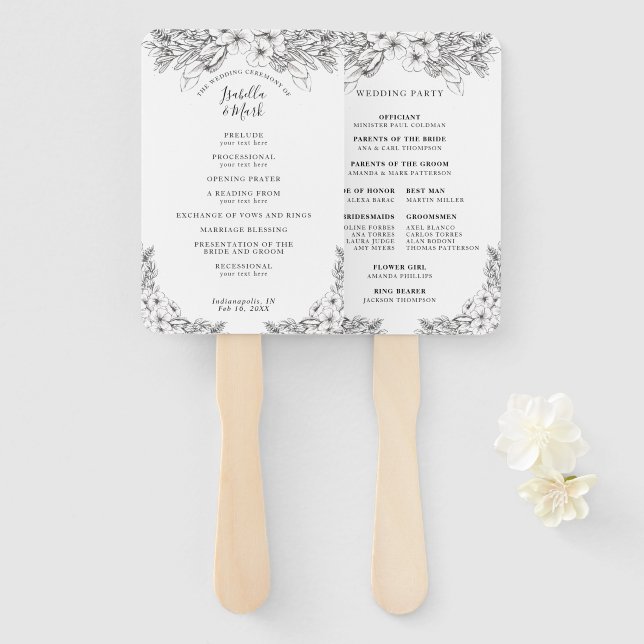 Éventail Programme de mariage floral noir et blanc Ventilat (Devant et derrière)