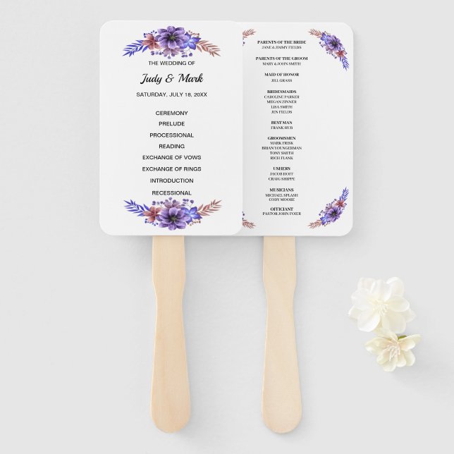 Éventail Programme De Mariage Floral Purple Et Blue Waterco (Devant et derrière)