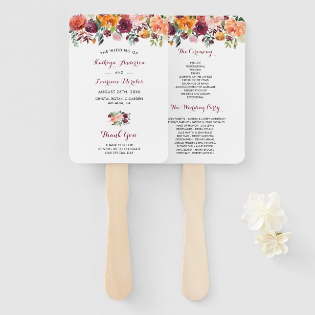 Éventail Programme de mariage floral rose marsala Ventilate (Devant et derrière)