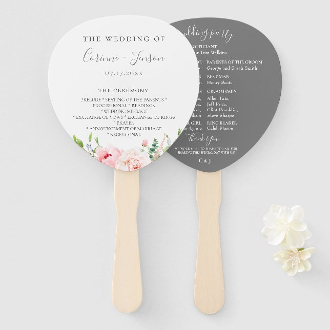 Éventail Programme de mariage floral rose pâle Ventilateurs (Devant et derrière)