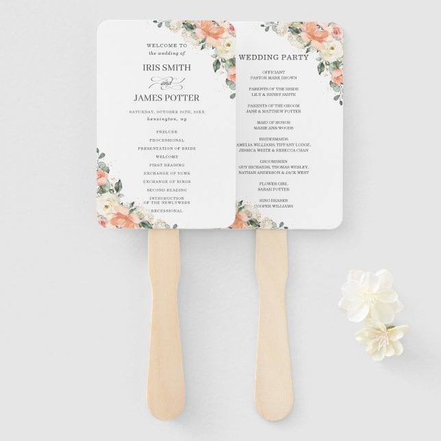 Éventail Programme de mariage floral rose Peach ivoire chic (Devant et derrière)