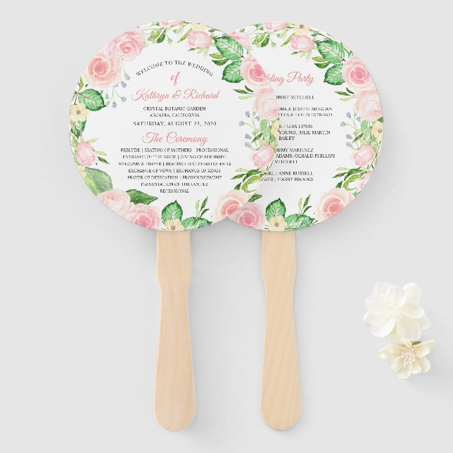 Éventail Programme de mariage floral rose rose pâle Ventila (Devant et derrière)