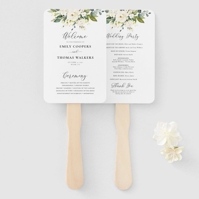 Éventail Programme de mariage floral Roses blanches (Devant et derrière)