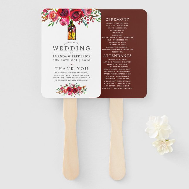 Éventail Programme de mariage floral rouge et rose de Bourg (Devant et derrière)