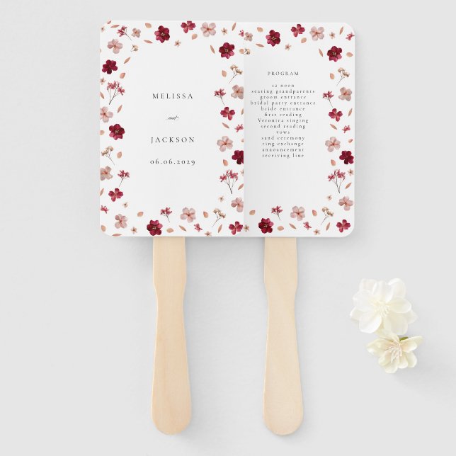 Éventail Programme de mariage floral Rouge Rose et Crème pr (Devant et derrière)