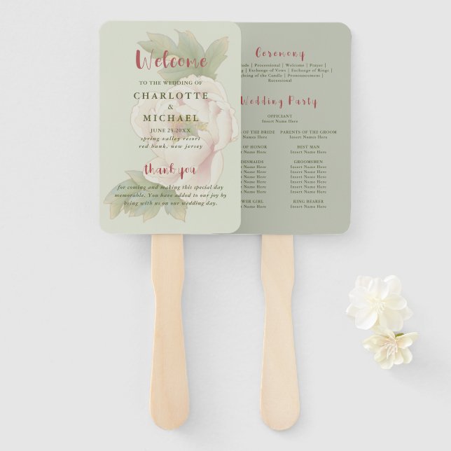 Éventail Programme de mariage floral Sage et Blush (Devant et derrière)