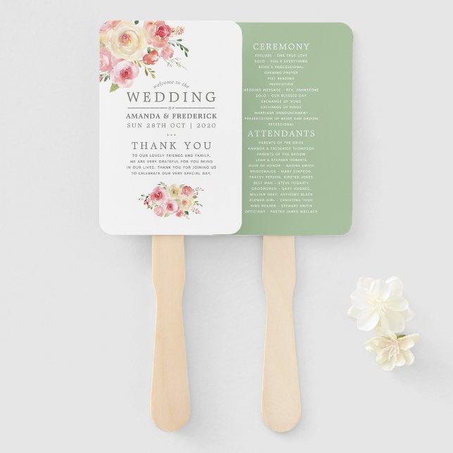 Éventail Programme de mariage floral vert de Blush et Sage (Devant et derrière)