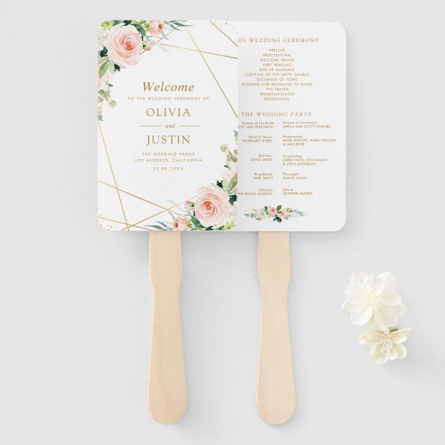 Éventail Programme de mariage géométrique à fleurs d'or et  (Devant et derrière)