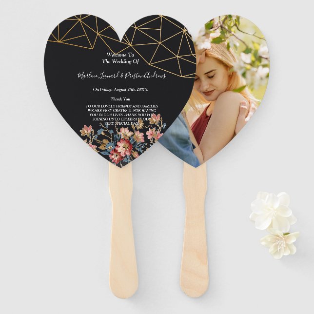 Éventail Programme de mariage géométrique doré (Devant et derrière)