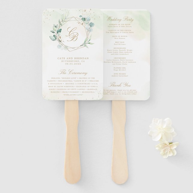 Éventail Programme de mariage géométrique doré à feuillage  (Devant et derrière)