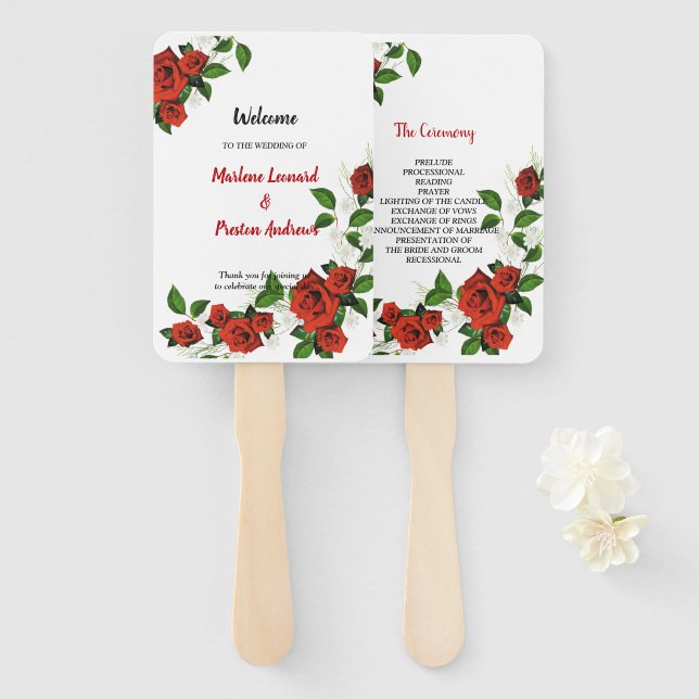 Éventail Programme de mariage géométrique rouge floral mode (Devant et derrière)