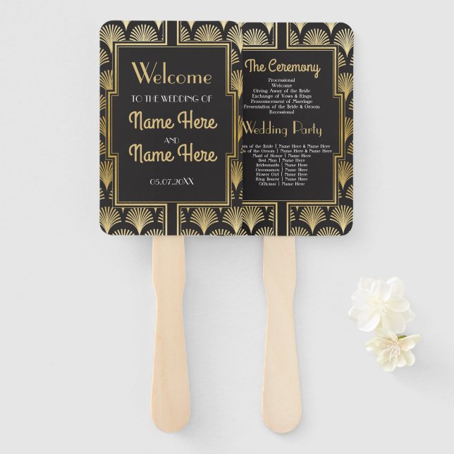 Éventail Programme de mariage Hand Fan 1920's Twenties Gold (Devant et derrière)