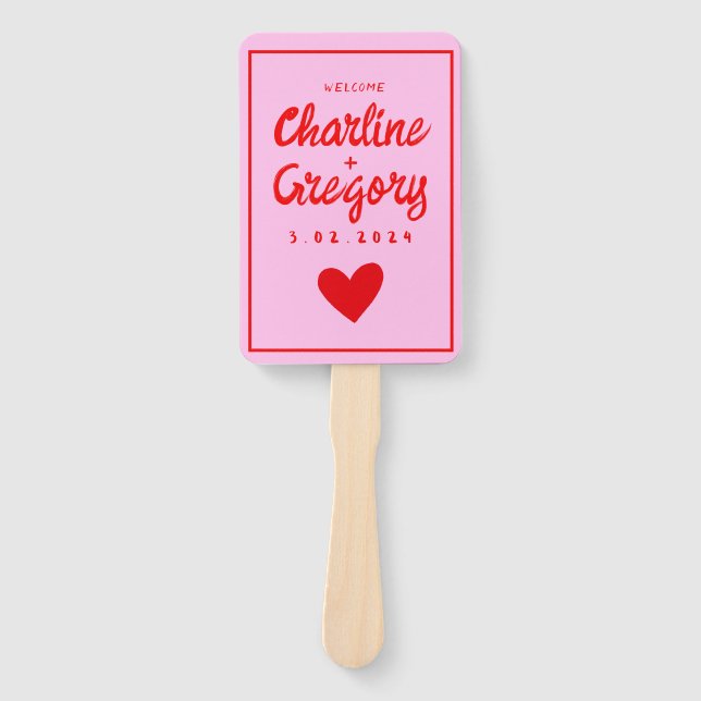 Éventail Programme de mariage manuscrit moderne rose rouge (Devant)