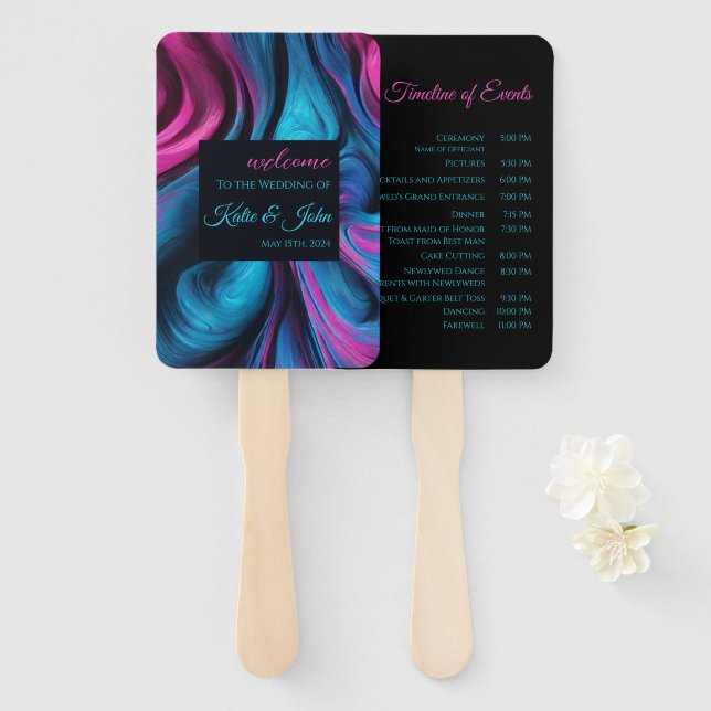 Éventail Programme de mariage-moderne Abstrait-bleu et rose (Devant et derrière)