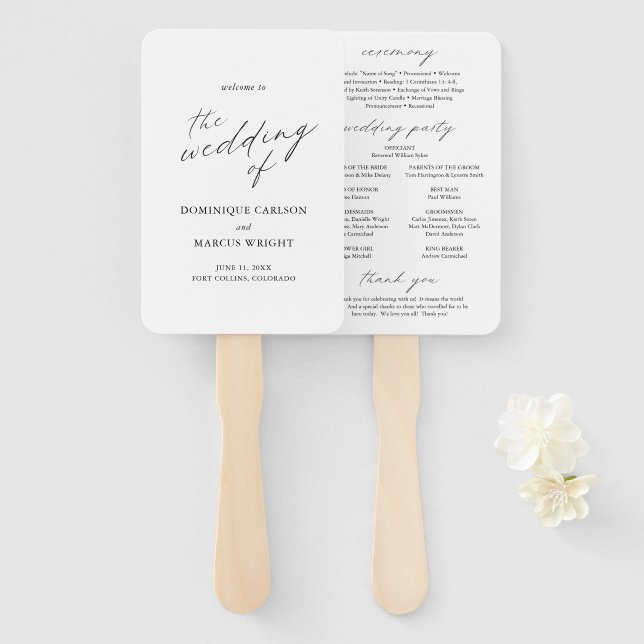 Éventail Programme de mariage moderne avec calligraphie élé (Devant et derrière)