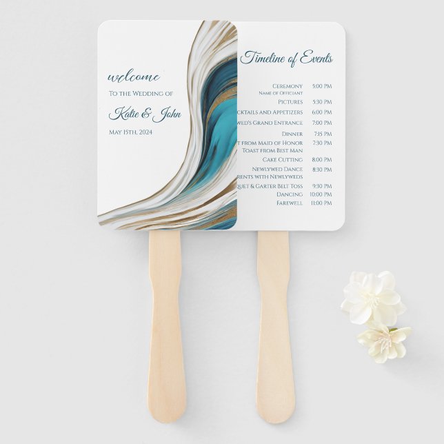 Éventail Programme de mariage - Moderne Bleu et Or- (Devant et derrière)