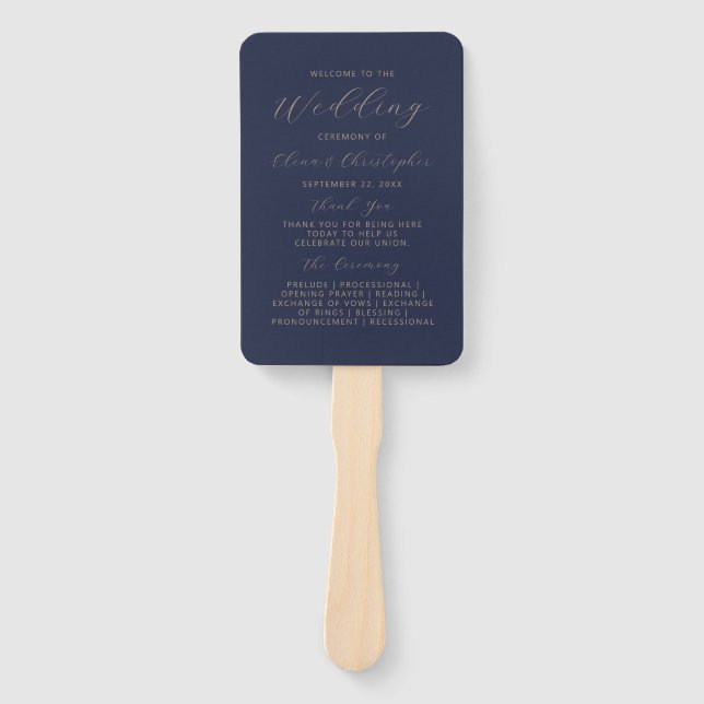Éventail Programme de mariage moderne bleu navy or écriture (Devant)