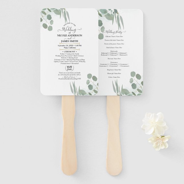 Éventail Programme de mariage moderne et chic avec feuillag (Devant et derrière)