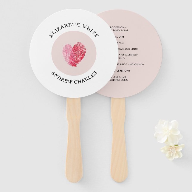 Éventail PROGRAMME DE MARIAGE moderne mignon coeur d'emprei (Devant et derrière)