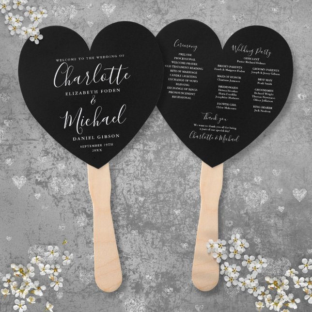 Éventail Programme De Mariage Moderne Noir Et Blanc (Modern Wedding Program Black And White Hand Fan)
