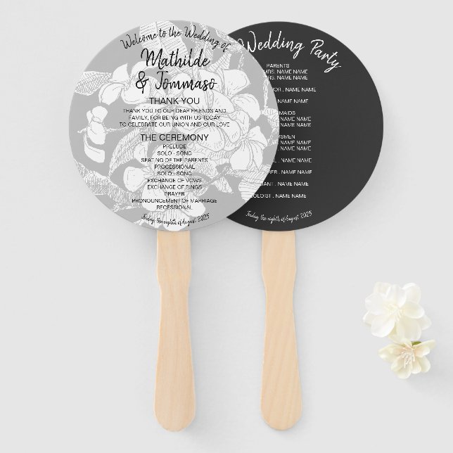 Éventail Programme de mariage moderne noir et blanc floral  (Devant et derrière)