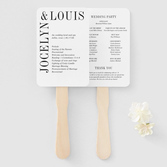 Éventail Programme de mariage moderne noir et blanc gras (Devant et derrière)