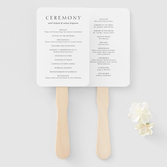 Éventail Programme de mariage moderne noir et blanc propre (Devant et derrière)