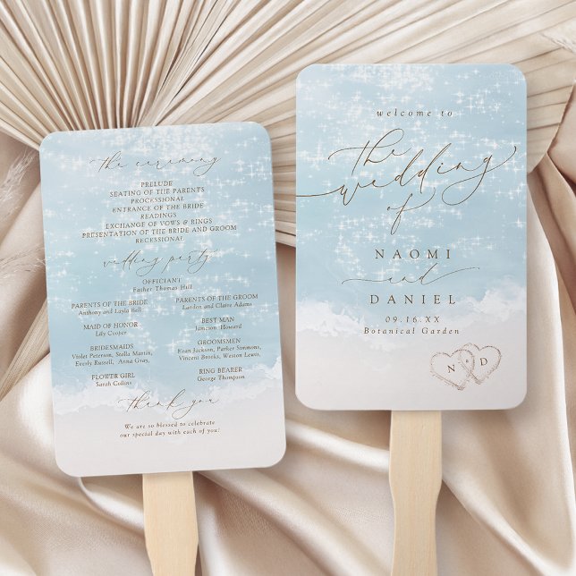 Éventail Programme de mariage moderne sur la plage avec coe (Modern Script Sand Hearts Beach Wedding Program Hand Fan)